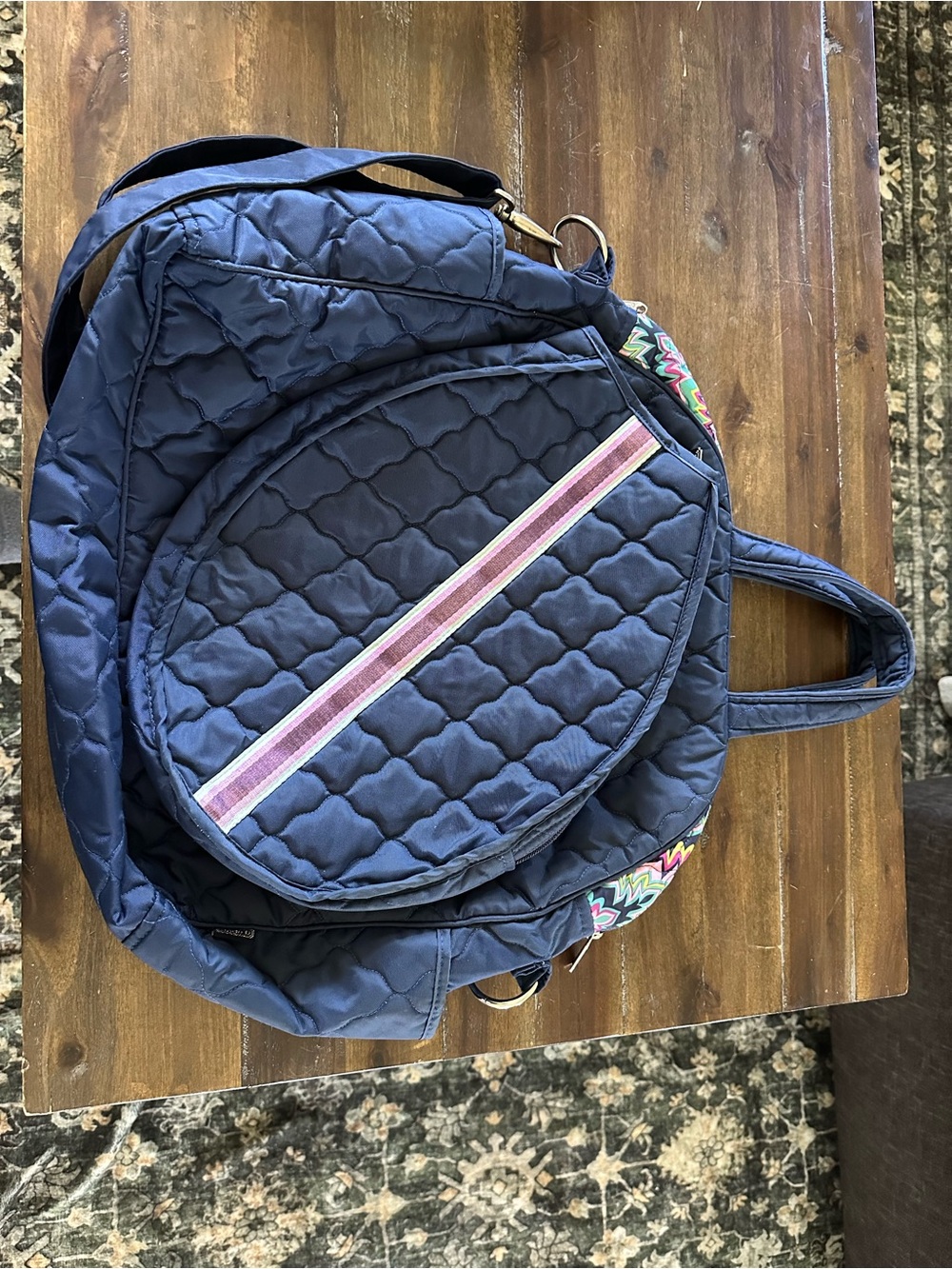 Cinda B Quilted Navy Tote with Pink Accent Stripe